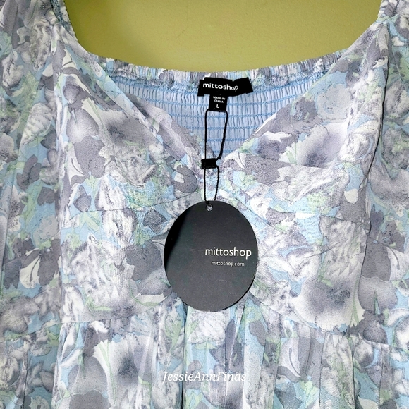 NWT Mittoshop Blue Gray Floral Princess Neckline Boho Midi Dress Size Large - Picture 7 of 15